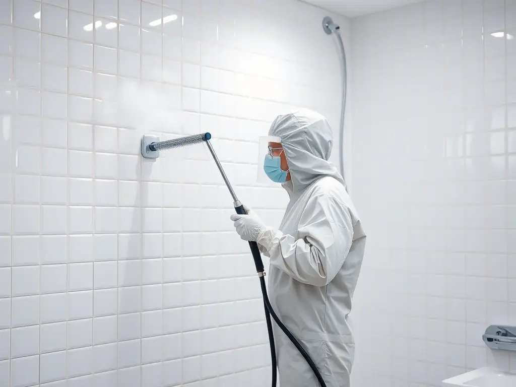 Image of a technician applying high-pressure steam to tiled bathroom walls, revealing the sparkling clean surface. The image showcases the transformation from dirty to clean.