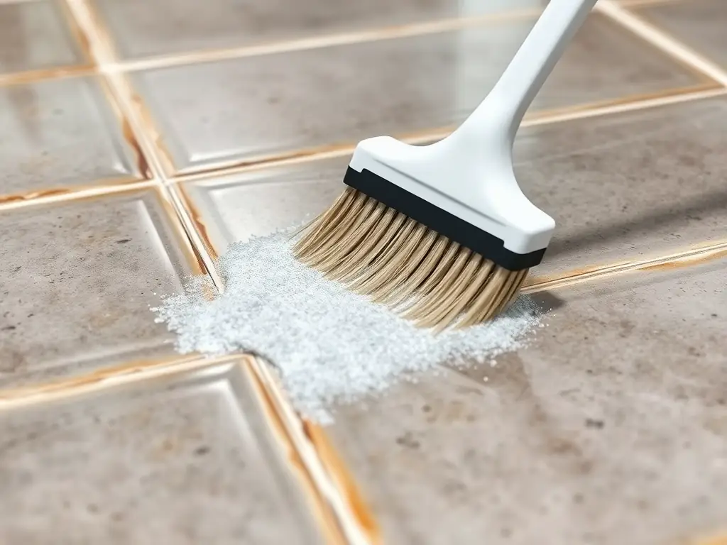 Close-up of a tiled floor being cleaned, showing the contrast between dirty and cleaned grout lines, showcasing Leo's Carpet Cleaning & Housekeeping LLC's tile and grout cleaning service.