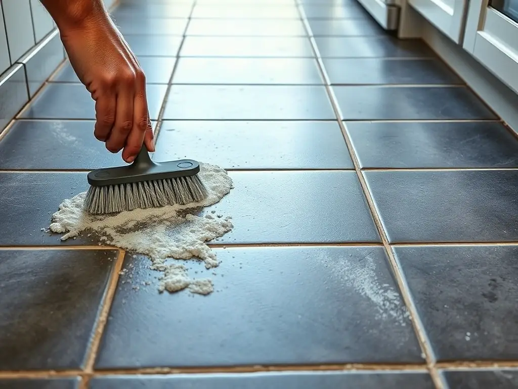 Close-up of a tiled floor being cleaned, showing the contrast between dirty and cleaned grout lines, in a kitchen setting.