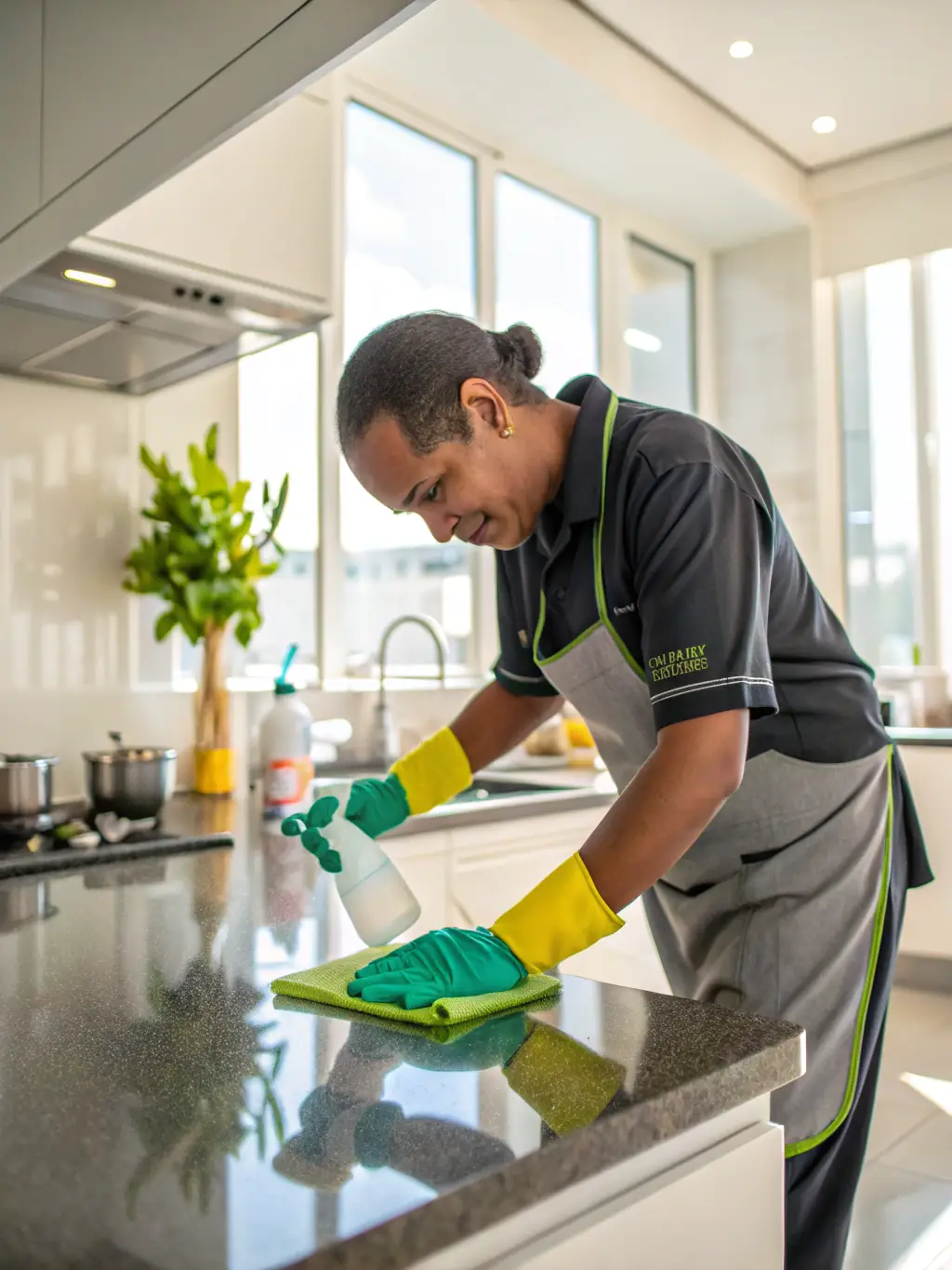 A professional cleaner tidying up a modern kitchen with cleaning supplies in hand, representing Leo's Carpet Cleaning's comprehensive house cleaning service.