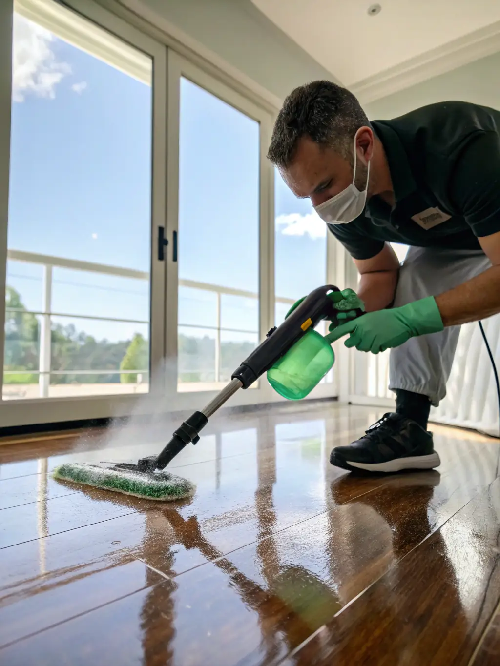 Close-up of a technician applying cleaning solution to tiled floor, revealing a sparkling clean surface after Leo's Carpet Cleaning's tile and grout cleaning.