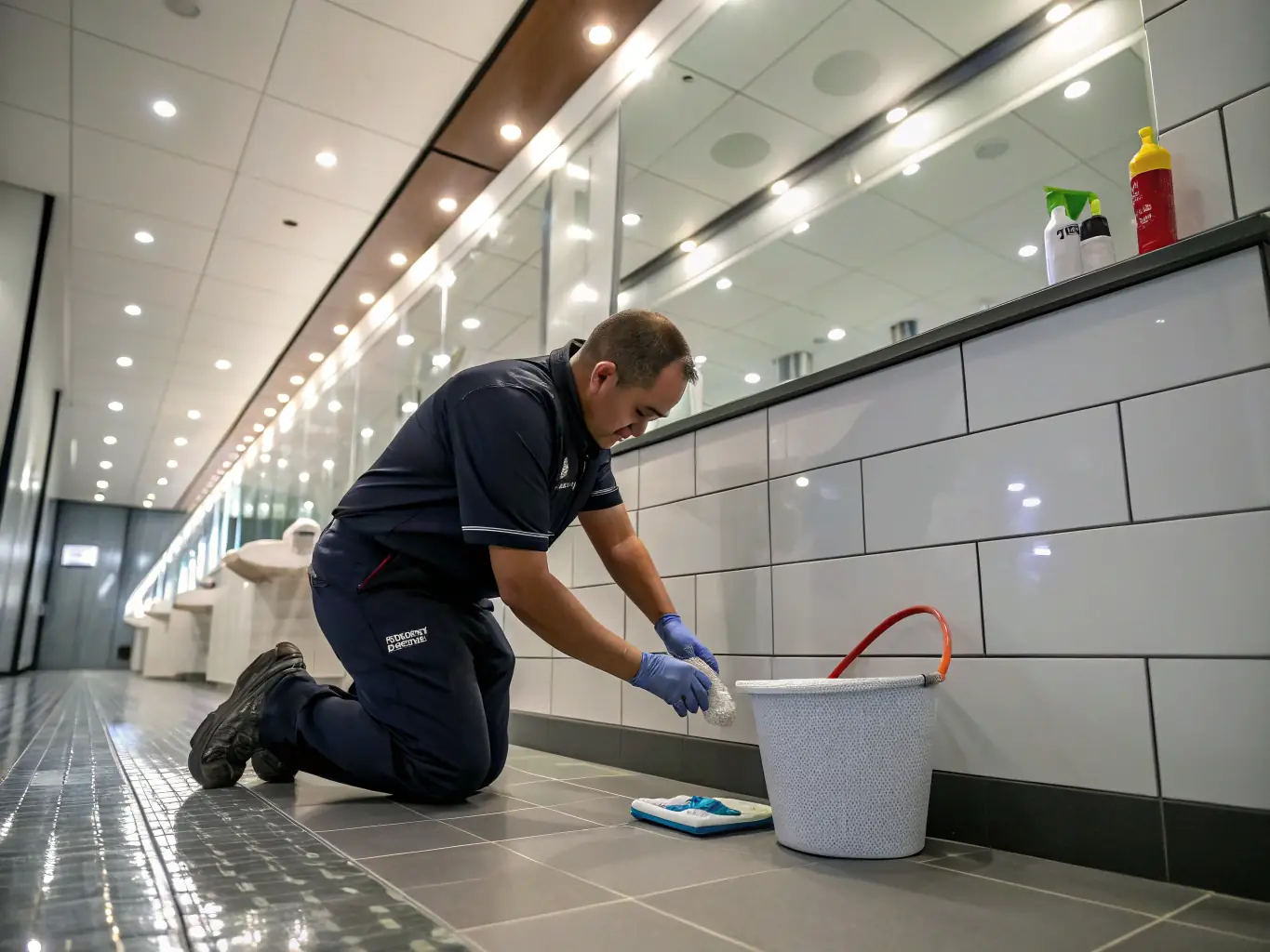 Close-up of a technician applying cleaning solution to tiled floor and scrubbing grout lines, showcasing the transformation from dirty to clean.