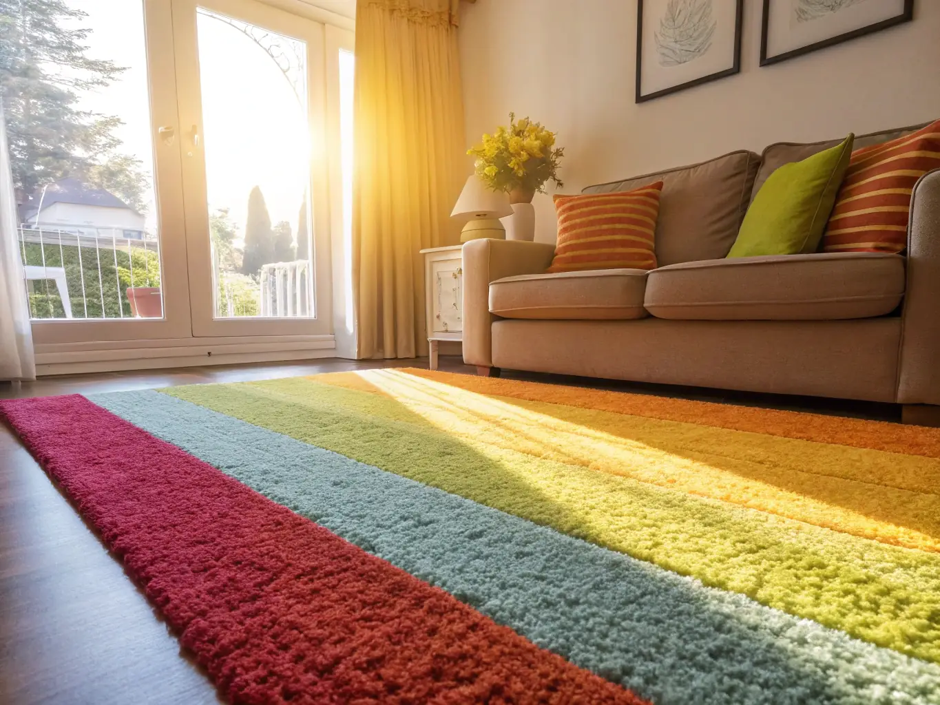 A freshly cleaned carpet with visible lines from the vacuum cleaner, showcasing the effectiveness of Leo's Carpet Cleaning services. The image should convey cleanliness and attention to detail.