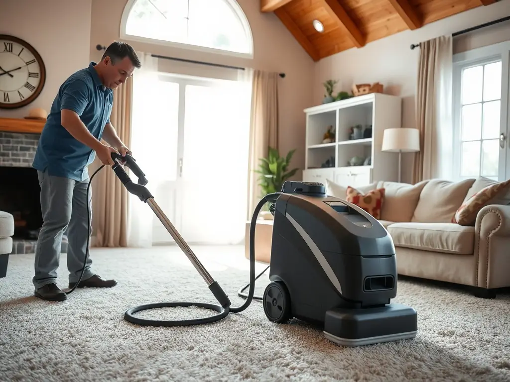 A clean, plush carpet with a person using a steam cleaning machine, showcasing the deep cleaning process, highlighting Leo's Carpet Cleaning & Housekeeping LLC's professional service.
