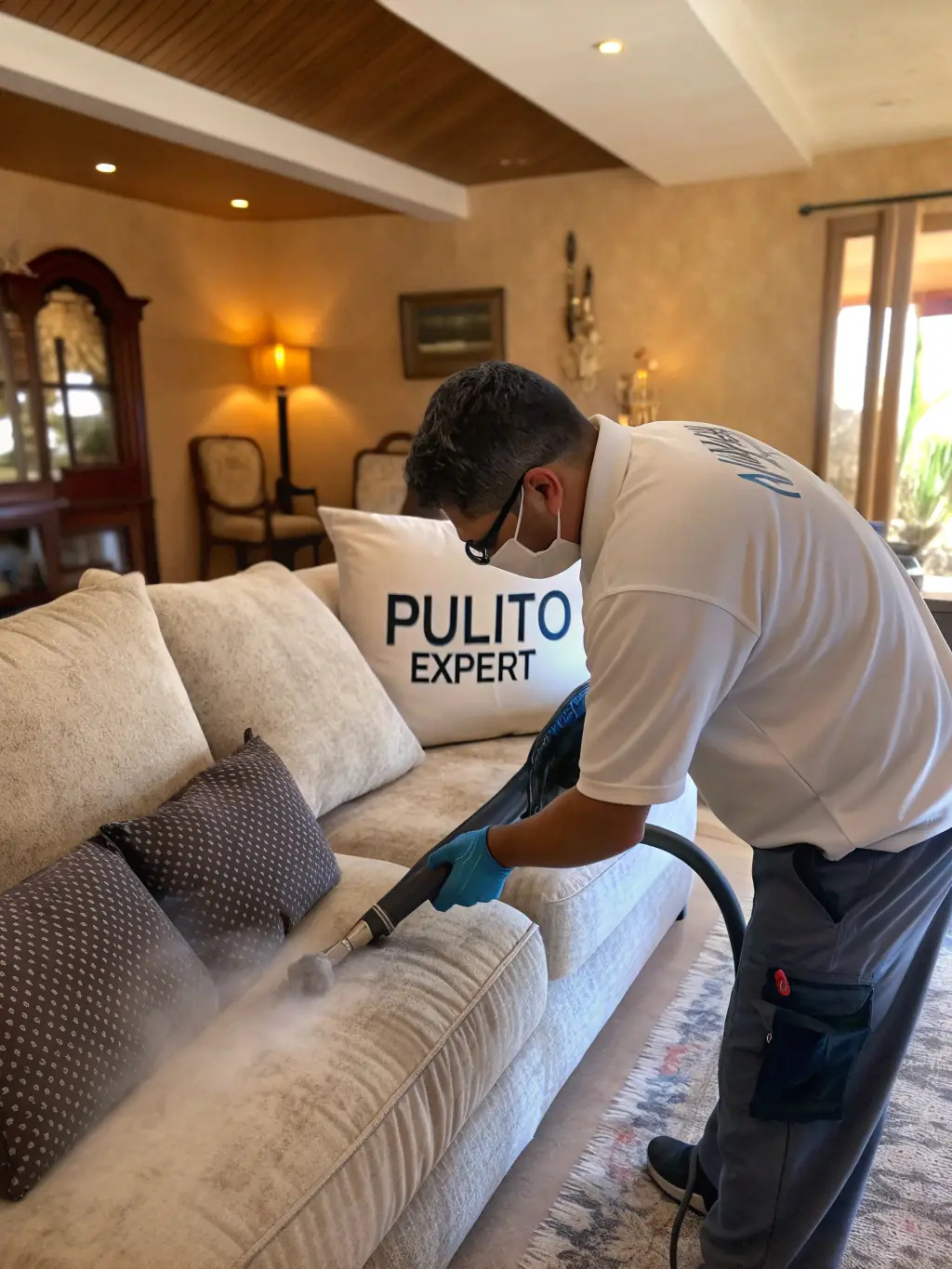 A technician cleaning a fabric sofa with professional equipment, showcasing a clean and vibrant piece of furniture after Leo's Carpet Cleaning's upholstery service.
