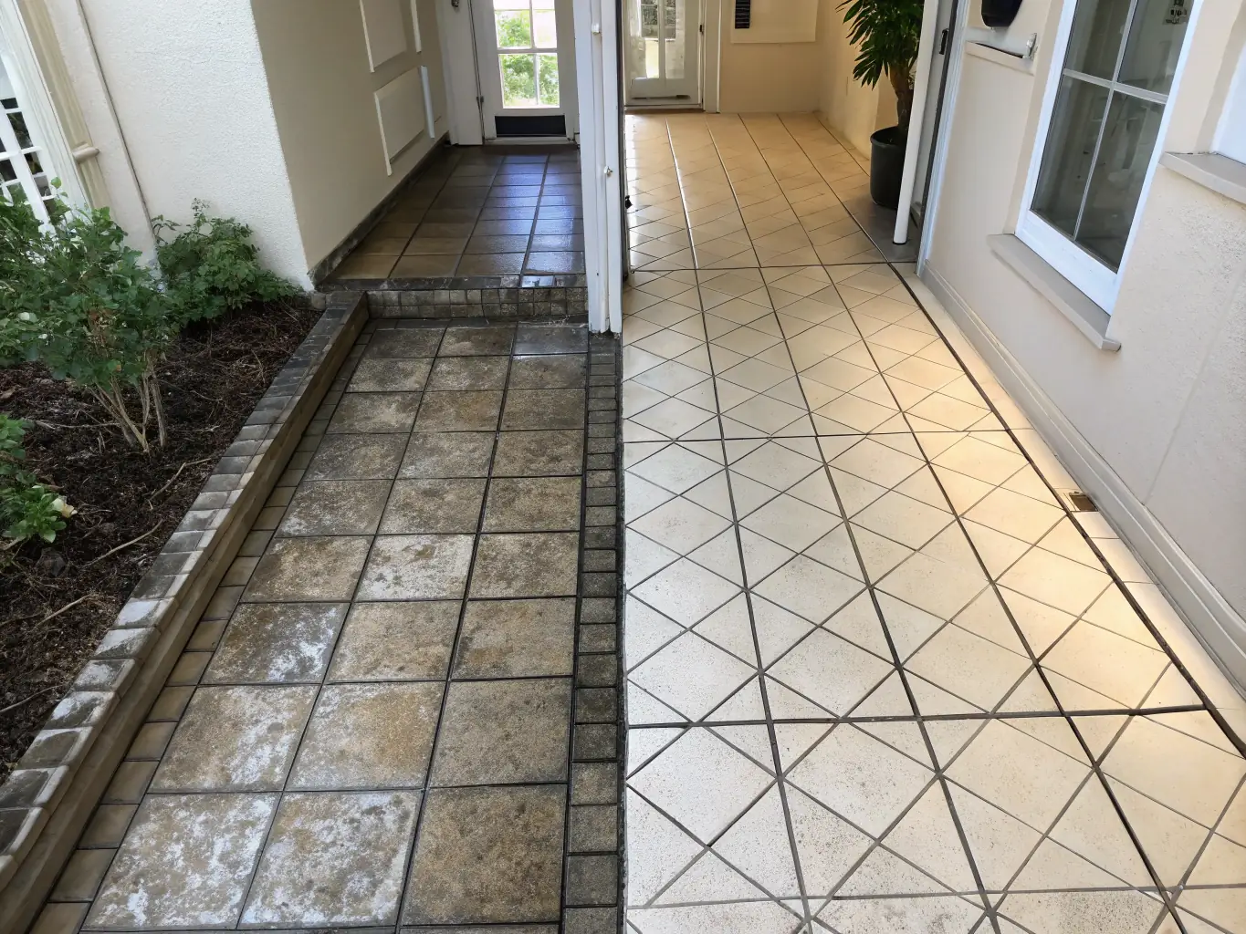 Before and after image of tile and grout cleaning, demonstrating the removal of grime and restoration of shine.