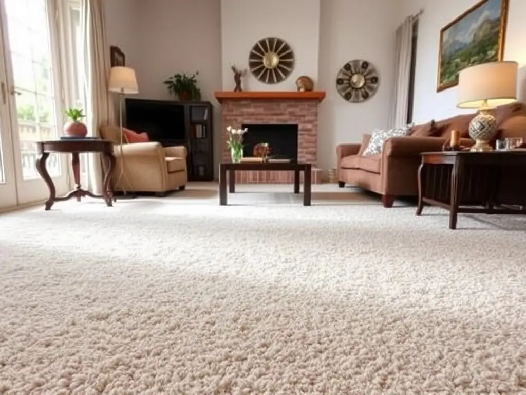 A freshly cleaned carpet with visible vacuum lines, showcasing the effectiveness of professional carpet cleaning services.