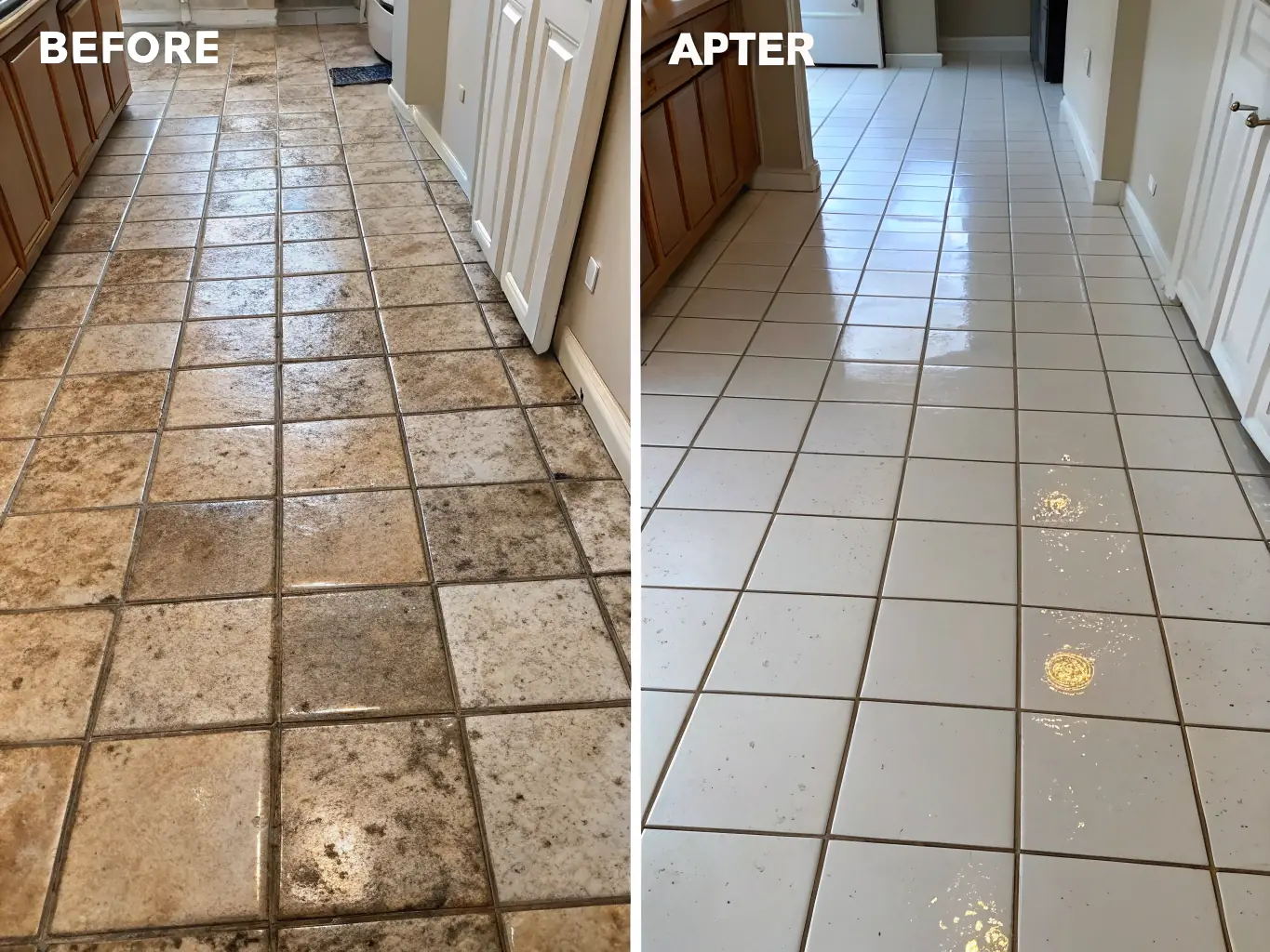 A before-and-after shot of tile and grout cleaning, showing the dramatic difference in cleanliness. The image should highlight the removal of grime and stains from the grout lines.