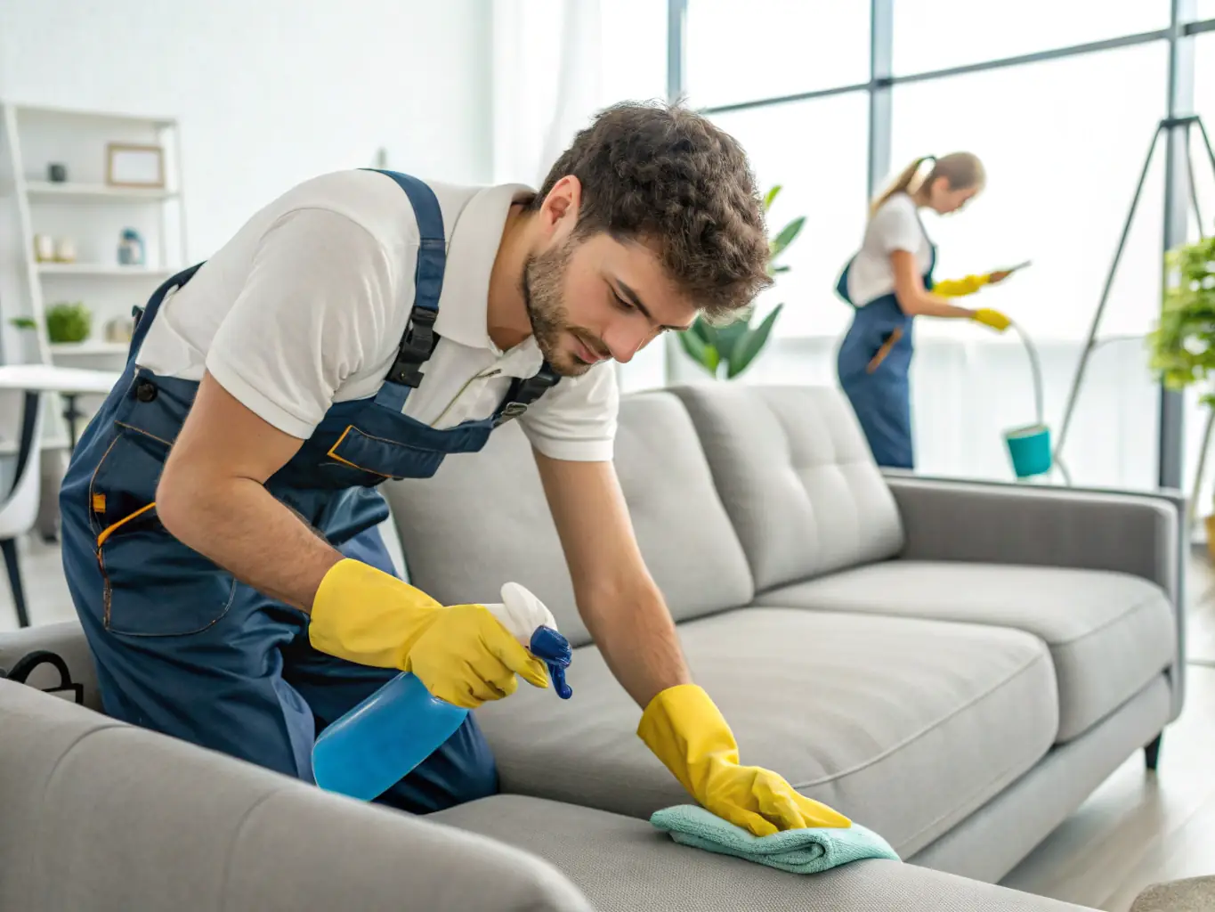 A technician cleaning a fabric sofa with professional equipment, highlighting the thorough cleaning process, in a well-lit living room.