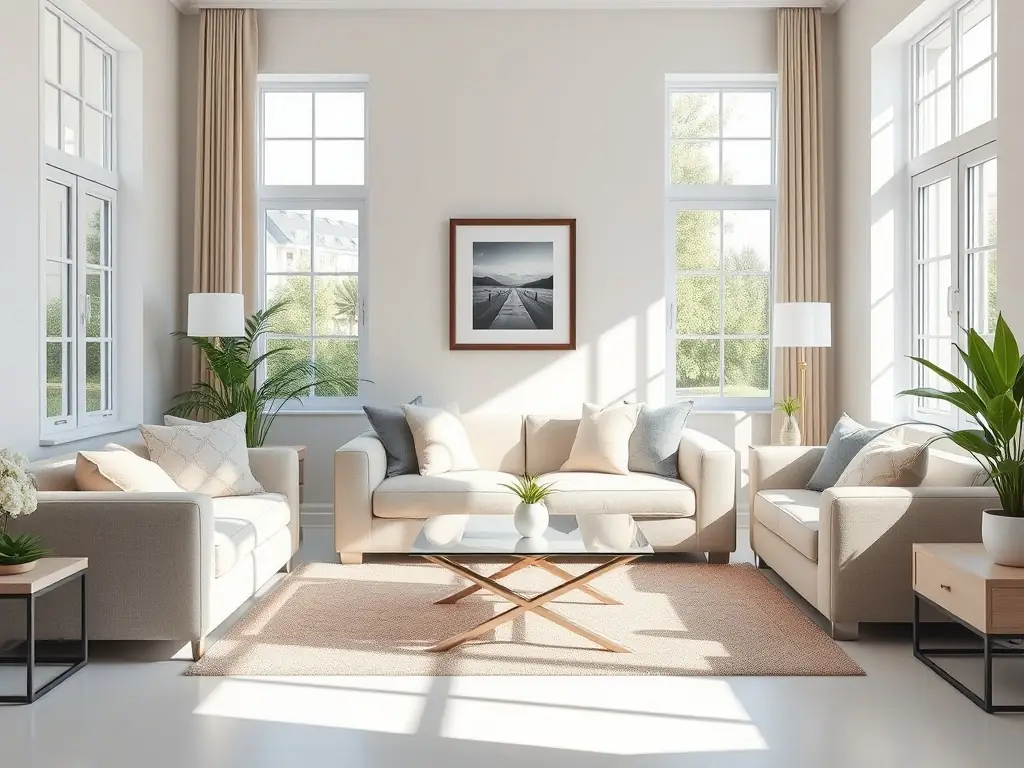 A photo of a clean and tidy living room after a house cleaning service, with attention to detail on surfaces and organization.