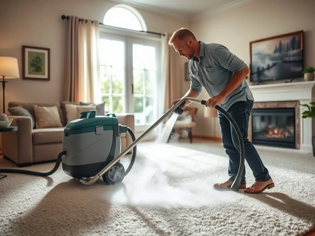 An image showing a professional technician steam cleaning a plush carpet in a living room, with focus on the cleaning machine and the fresh look of the carpet.