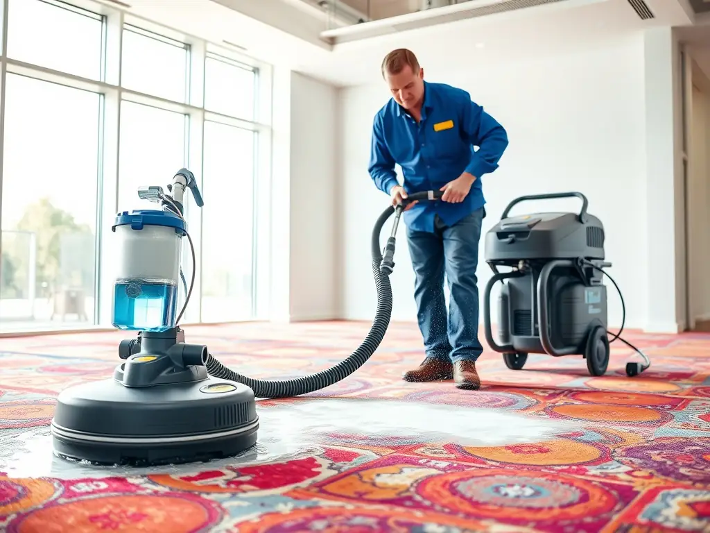 A close-up shot of a technician using a hot water extraction machine on a heavily soiled carpet, with clear steam and water being extracted.