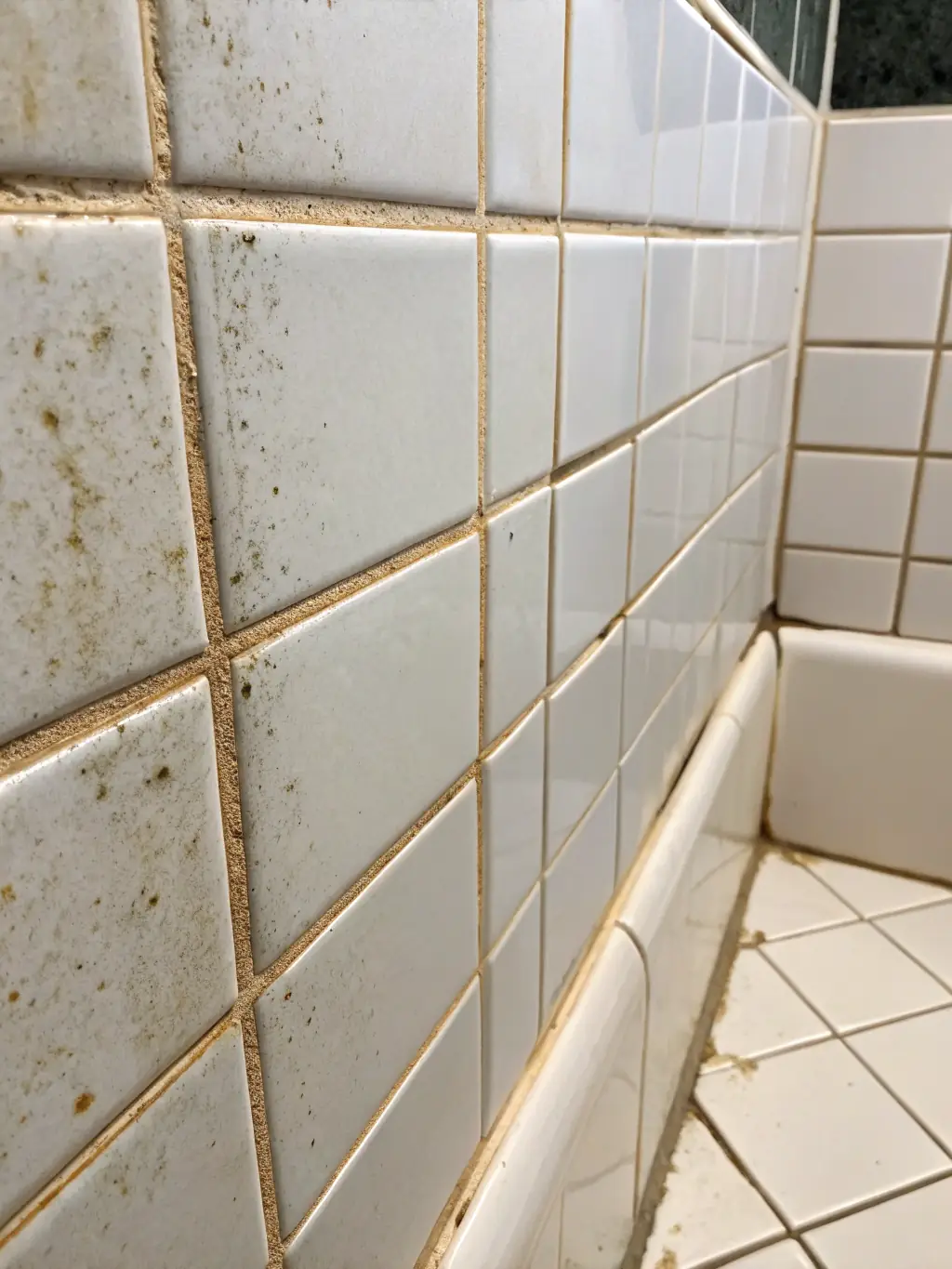 A before-and-after image of tile and grout cleaning, showing the transformation from dirty to sparkling clean.