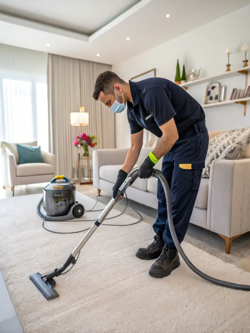 An image showing a professional cleaning technician steam cleaning a plush carpet in a bright living room, showcasing Leo's Carpet Cleaning's expertise.