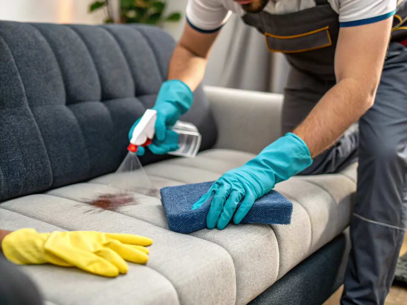 A close-up shot of a piece of furniture being cleaned, highlighting the upholstery cleaning process. The image should emphasize the removal of stains and dirt from the fabric.