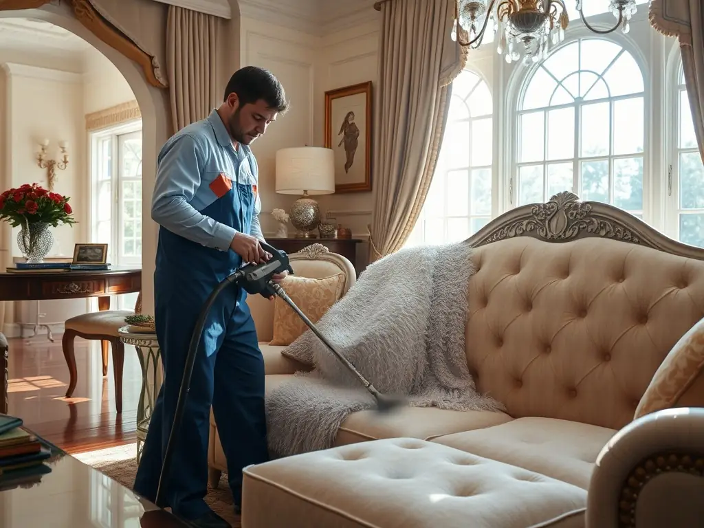 A plush sofa with visibly clean upholstery, highlighting the gentle yet effective cleaning methods used by Leo's Carpet Cleaning & Housekeeping LLC. The image should emphasize the care taken to preserve fabric quality.