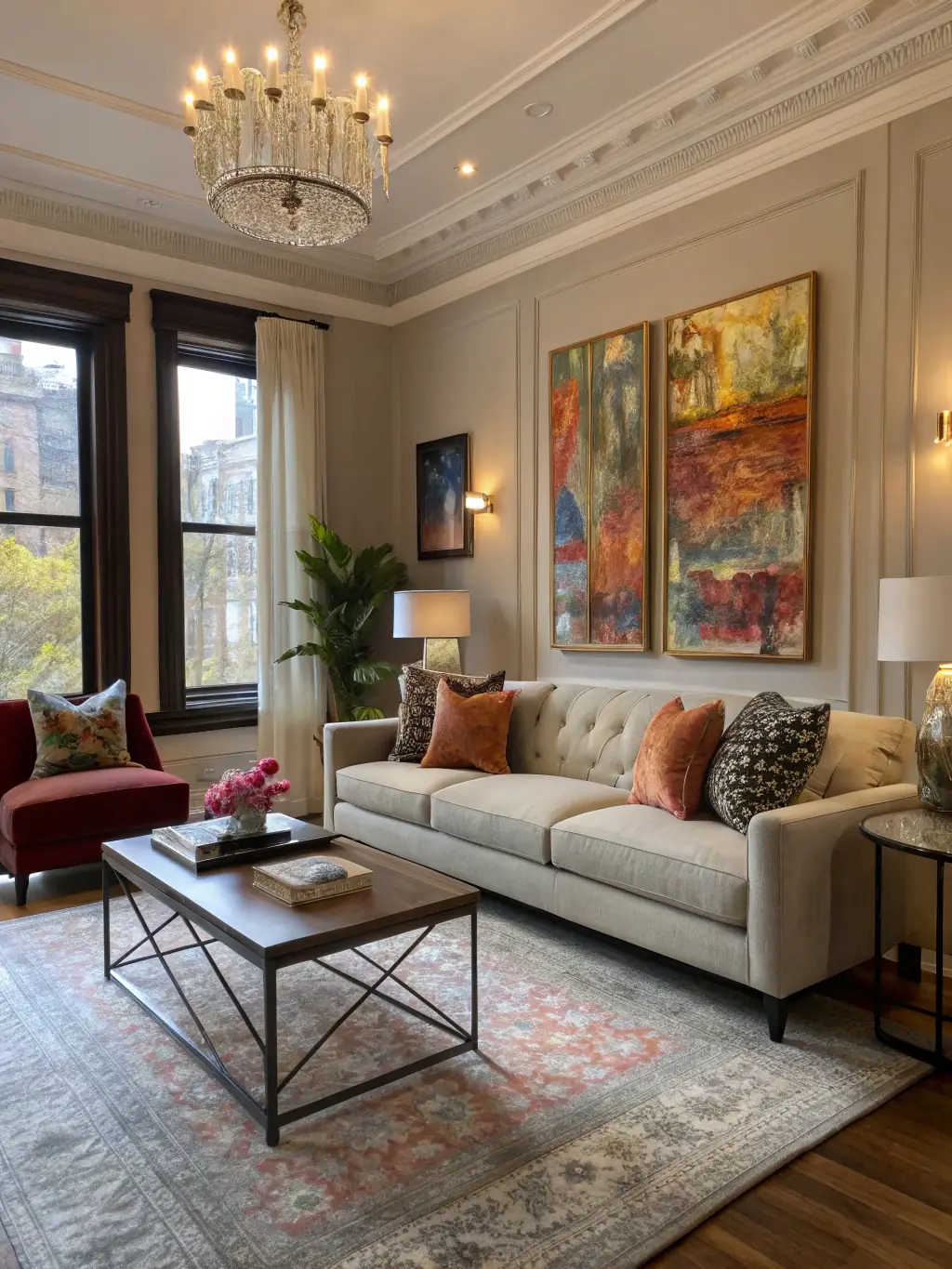 A spotless and well-organized living room after a house cleaning service, emphasizing cleanliness and comfort.