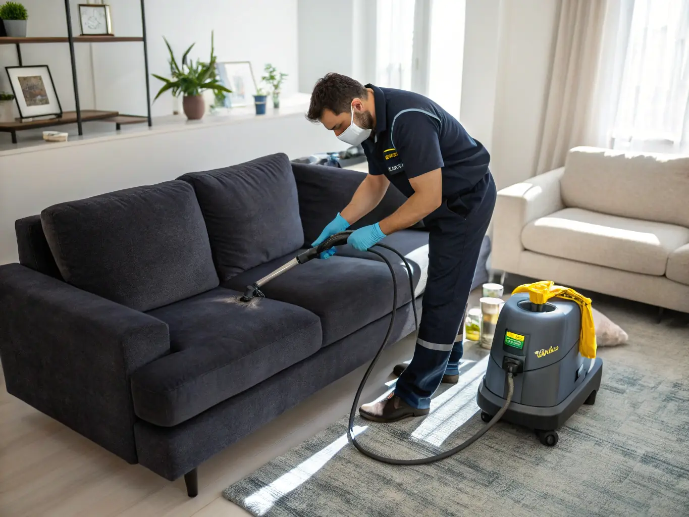 A technician cleaning a fabric sofa with professional equipment, highlighting the cleaning process and the refreshed appearance of the upholstery.