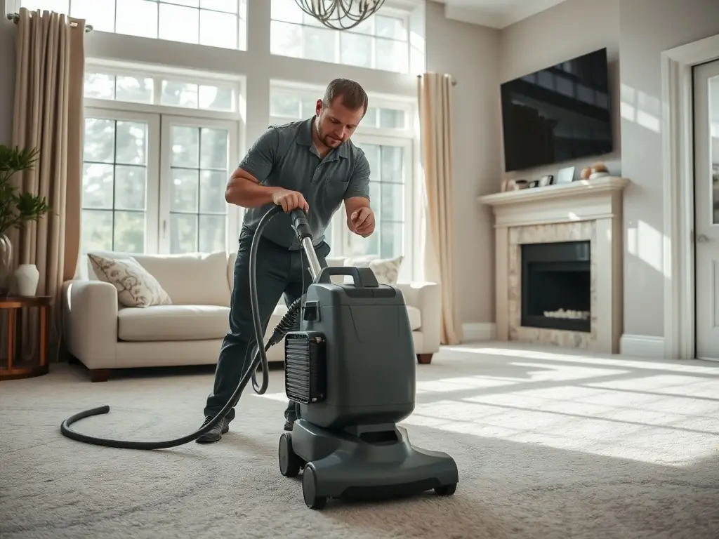 A technician steam cleaning a plush carpet in a well-lit living room, showcasing the cleaning process. The focus is on the steam rising from the carpet and the technician's focused expression.