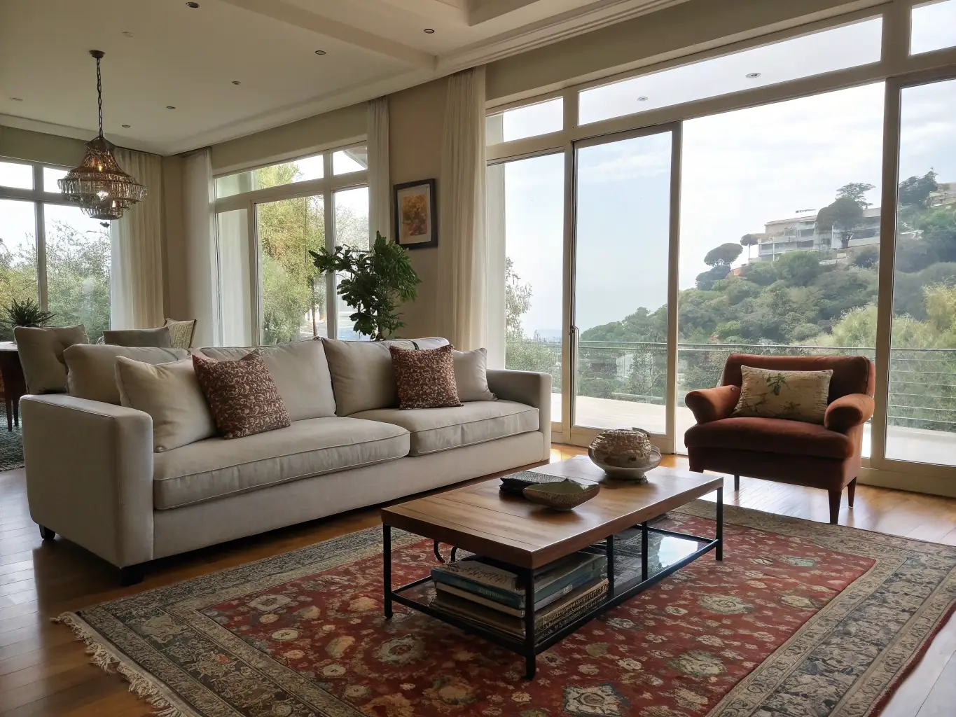 A bright and airy living room, freshly cleaned by Leo's Carpet Cleaning & Housekeeping LLC, showcasing spotless surfaces and organized furniture.